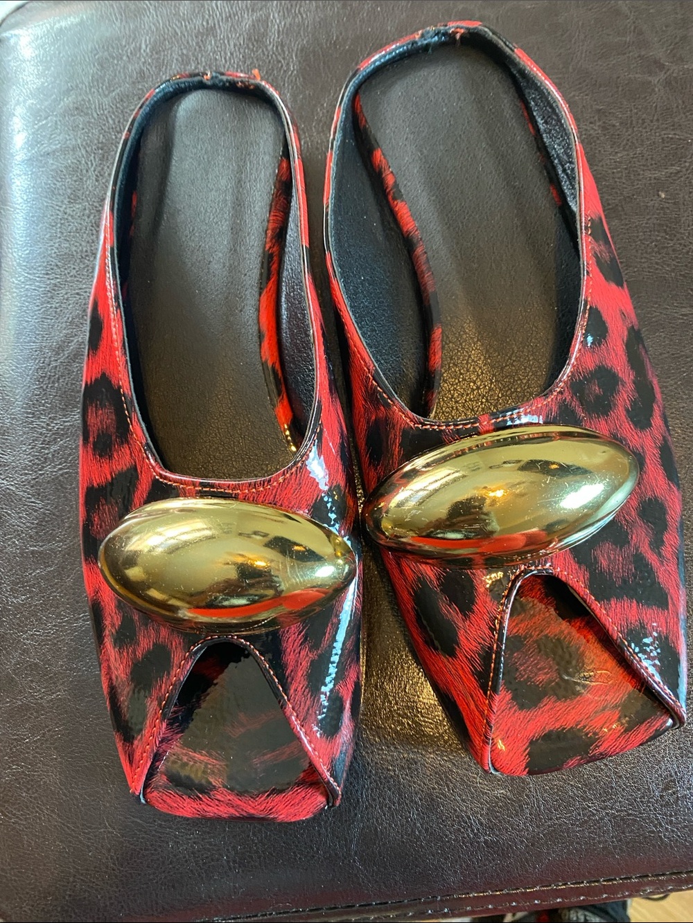 Red Leopard-Print Open-Toe Mules with Gold Accent - Picture 2 of 7